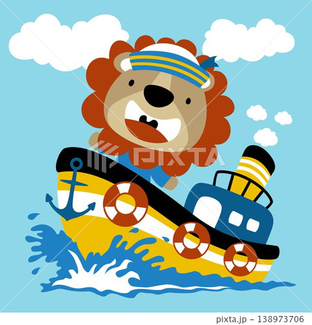Funny lion on boat, vector cartoon illustration Funny lion on boat, vector cartoon illustration 138973706