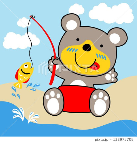 Cute bear fishing, vector cartoon illustration 138973709