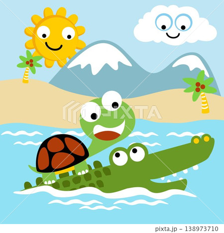 Vector illustration of cartoon turtle riding on crocodile in river, smiling sun and cloud behind mountains Vector illustration of cartoon turtle riding on crocodile in river, smiling sun and cloud behind mountains 138973710