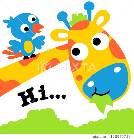 Little bird perching on giraffe's neck, vector cartoon illustration Little bird perching on giraffe's neck, vector cartoon illustration 138973712