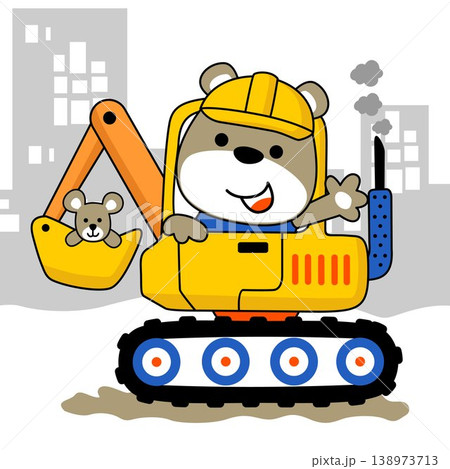Cute bear and mouse on construction vehicle, vector cartoon illustration Cute bear and mouse on construction vehicle, vector cartoon illustration 138973713