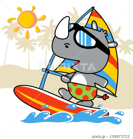 Cute rhino playing windsurf in the coast, vector cartoon illustration Cute rhino playing windsurf in the coast, vector cartoon illustration 138973722