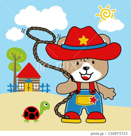 Vector illustration of cartoon little bear in cowboy costume playing lasso 138973725