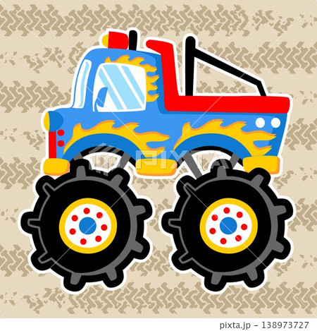 Monster truck on tire tracks background, vector cartoon illustration 138973727