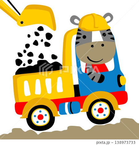 Cute zebra driving dump truck, backhoe loading coal, vector cartoon illustration Cute zebra driving dump truck, backhoe loading coal, vector cartoon illustration 138973733