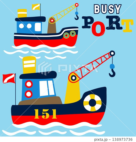 Tugboat in the port, vector cartoon illustration 138973736