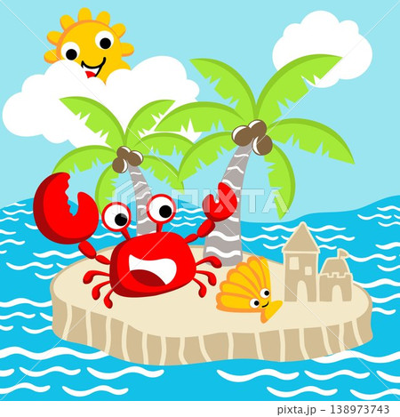 Crab and shellfish build sand castle in small island, smiling sun behind clouds, vector cartoon illustration 138973743