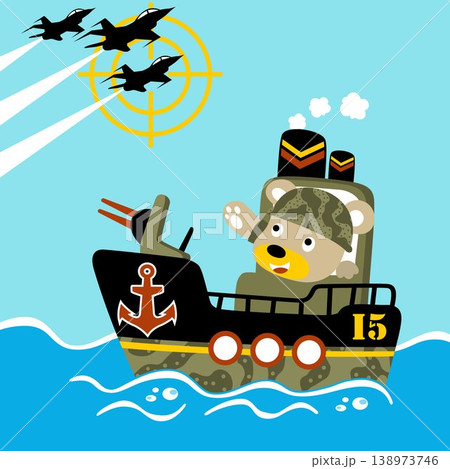 Funny bear on warship in the ocean, three fighter jet flying, vector cartoon illustration Funny bear on warship in the ocean, three fighter jet flying, vector cartoon illustration 138973746