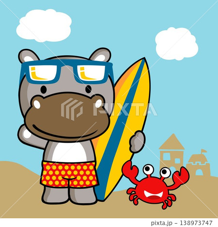 rhino and crab with surfboard in the beach, vector cartoon illustration rhino and crab with surfboard in the beach, vector cartoon illustration 138973747