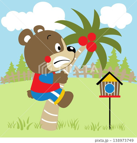 Cute bear climbing palm tree in garden, vector cartoon illustration 138973749