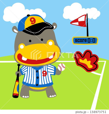 Cute hippo in baseball player costume with baseball elements, vector cartoon illustration 138973751
