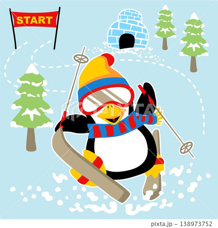 cute penguin skiing, snow land elements, vector cartoon illustration 138973752