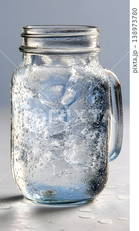 Cold glass jar ice cube water drop condensation transparent refreshment drink handle closeup vertical Cold glass jar ice cube water drop condensation transparent refreshment drink handle closeup vertical 138973780