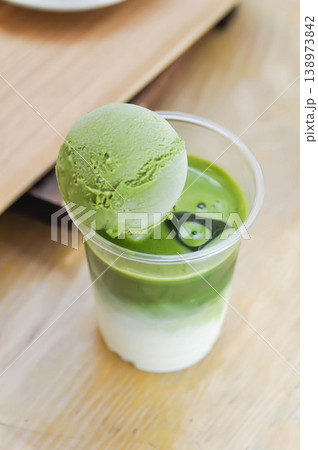 iced green tea, iced green tea latte or iced matcha or iced matcha green tea or iced matcha green tea latte with matcha ice cream iced green tea, iced green tea latte or iced matcha or iced matcha green tea or iced matcha green tea latte with matcha ice cream 138973842