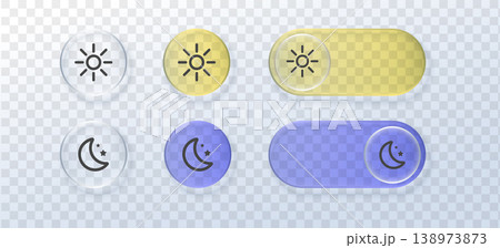 Night sun switch button glass 3d sleep liquid light moon. This ui day vector icon features a white mode screen design for a dark web toggle slider or digital phone interface Night sun switch button glass 3d sleep liquid light moon. This ui day vector icon features a white mode screen design for a dark web toggle slider or digital phone interface 138973873