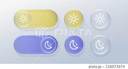 3D glass toggle slider switching from sun to moon. Glossy night mode button with transparent effect for web and mobile interface design elements 3D glass toggle slider switching from sun to moon. Glossy night mode button with transparent effect for web and mobile interface design elements 138973874