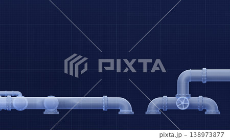 Detailed 3d render of industrial water pipes in wireframe style on blue background. Detailed 3d render of industrial water pipes in wireframe style on blue background. 138973877