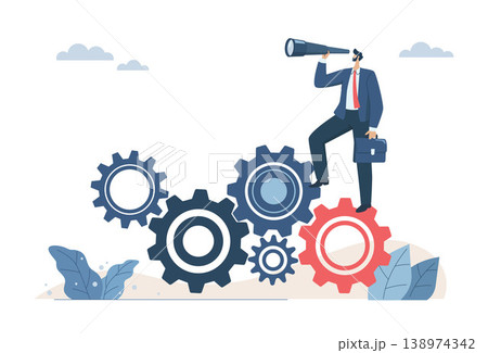 Leaders or executives who have vision, Leadership to drive the team and start production, Planning ideas for effective business strategies, Businessman looking through telescope on gear or cogwheel. Leaders or executives who have vision, Leadership to drive the team and start production, Planning ideas for effective business strategies, Businessman looking through telescope on gear or cogwheel. 138974342