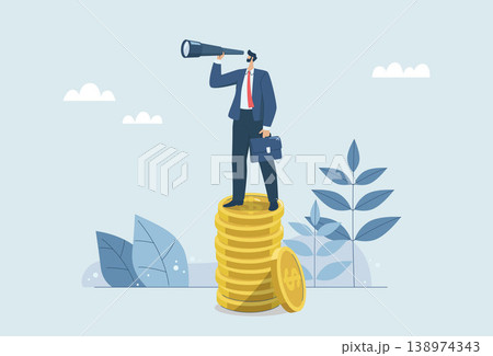 The broad vision of market leaders, Financial growth opportunities or investment profits, Searching for success and business goals, Businessman with spyglass standing on pile of gold coins. The broad vision of market leaders, Financial growth opportunities or investment profits, Searching for success and business goals, Businessman with spyglass standing on pile of gold coins. 138974343