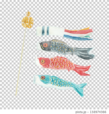 水彩絵の具のかわいい鯉のぼり手描きイラスト	 138974366