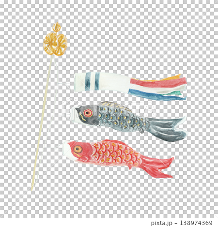 可愛的水彩手繪鯉魚飄帶插圖 138974369