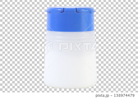 Isolated small white plastic bottle with blue flip top cap on transparent background. Isolated small white plastic bottle with blue flip top cap on transparent background. 138974479