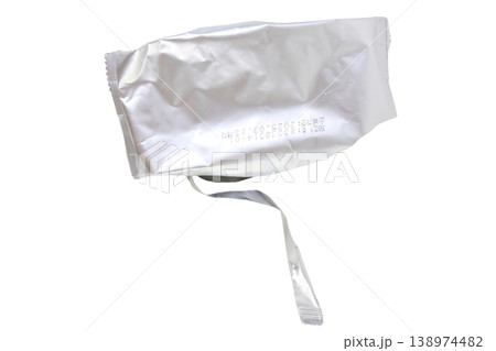 Silver foil snack pouch packaging isolated on transparent background. Silver foil snack pouch packaging isolated on transparent background. 138974482
