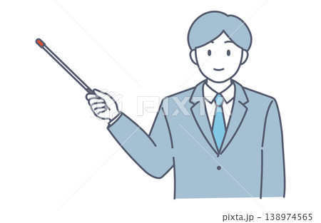 プレゼンで指示棒を使うビジネスマンの線画イラスト プレゼンで指示棒を使うビジネスマンの線画イラスト 138974565
