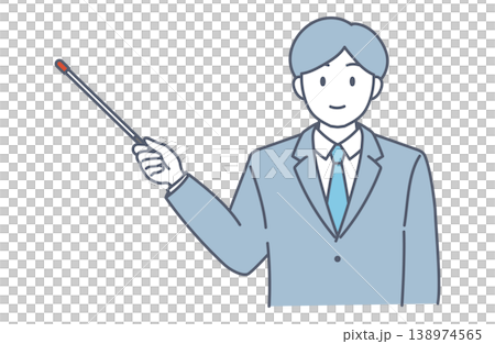 プレゼンで指示棒を使うビジネスマンの線画イラスト プレゼンで指示棒を使うビジネスマンの線画イラスト 138974565