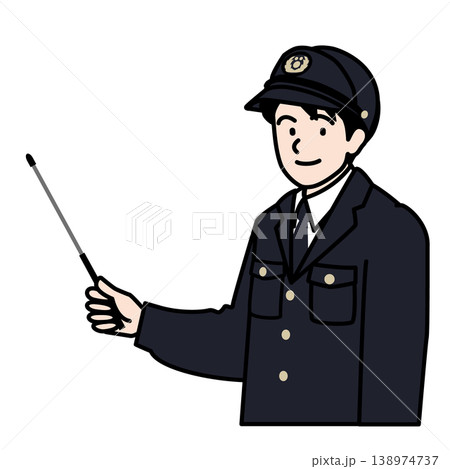 指し棒を持って笑みを浮かべながら解説・説明をしている警察官の上半身ベクターイラスト 138974737