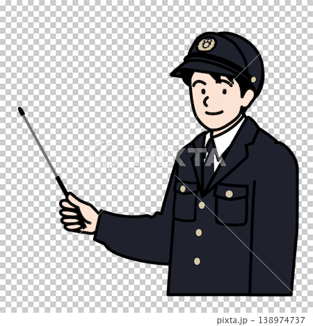 指し棒を持って笑みを浮かべながら解説・説明をしている警察官の上半身ベクターイラスト 138974737