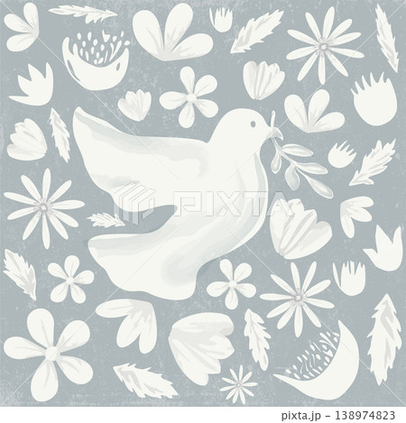 Peace dove carrying olive branch with various flowers white color hand drawn childish style on gray square background 138974823
