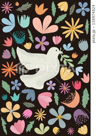 Peace dove carrying olive branch with various colorful flowers hand drawn childish style vertical template 138974824