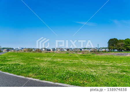 春の青空と緑の芝生広場と住宅街 春の青空と緑の芝生広場と住宅街 138974838
