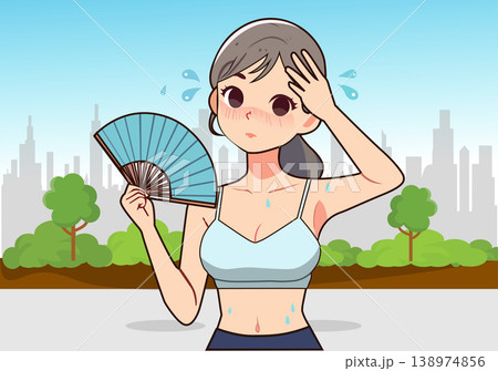 Young Woman Fanning Herself with Hand Fan, Exhausted by Heat Young Woman Fanning Herself with Hand Fan, Exhausted by Heat 138974856