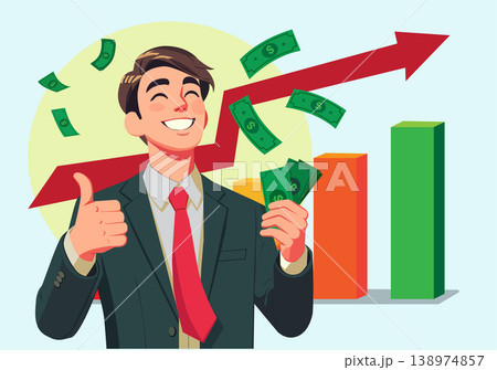 Successful Businessman Celebrating Financial Wealth with Falling Money Successful Businessman Celebrating Financial Wealth with Falling Money 138974857