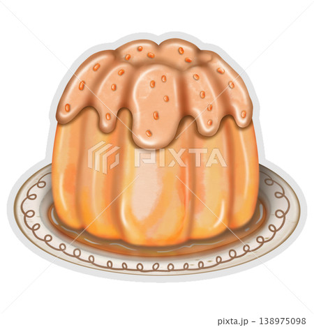 Cartoon Jelly Dessert sticker collection set. Cute orange colors. Can be used for card, invitation, border. Isolated illustration of decoration elements, hand drawn cartoon illustration.	 138975098