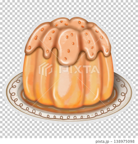 Cartoon Jelly Dessert sticker collection set. Cute orange colors. Can be used for card, invitation, border. Isolated illustration of decoration elements, hand drawn cartoon illustration.	 138975098