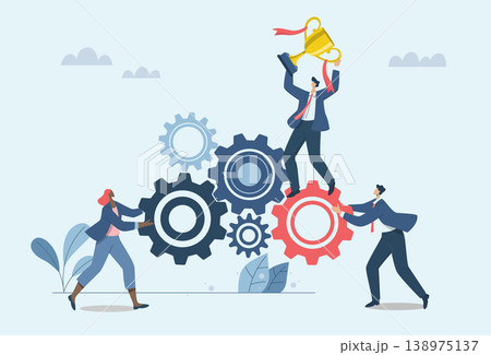The connection of business mechanisms to drive success, Business collaboration is an efficient work process in an organization or company, Business team work together to drive the cogwheel to winner. 138975137