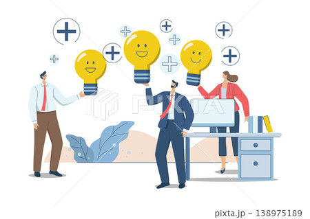 Optimism attitude or positive thinking, Emotional intelligence inspires happy co-workers and life, Happy business men and coworkers holding light bulb concepts smiling in a positive atmosphere. 138975189