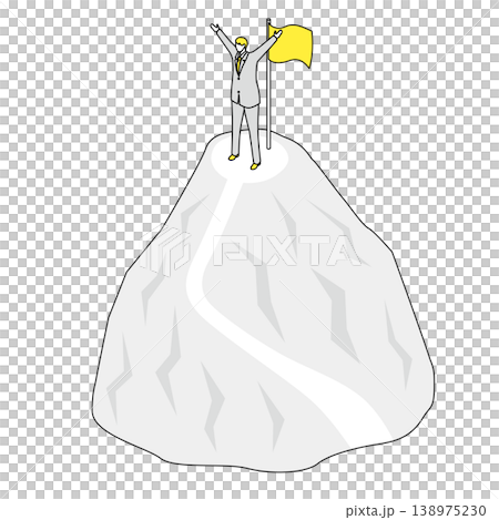 山頂で旗を掲げるビジネスマンのアイソメトリック線画イラスト 138975230
