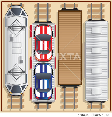 Railway locomotive and wagons. View from above. Vector illustration. 138975278
