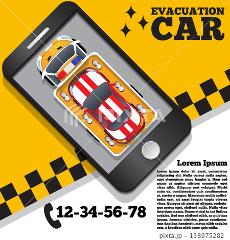 Evacuation car in the form of a mobile application. View from above. Template design presentation. 138975282