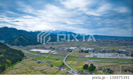 日本の富山県朝日町から見た黒部川扇状地とその周辺の山並みなどの風景 138975391
