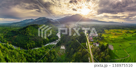 Beautiful morning view in Indonesia, panoramic landscape of rice fields with mountain ranges and clear sky Beautiful morning view in Indonesia, panoramic landscape of rice fields with mountain ranges and clear sky 138975510