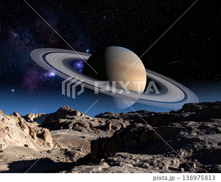 【AI生成画像】宇宙の世界 地球外の星から見た優美なリング惑星 138975813