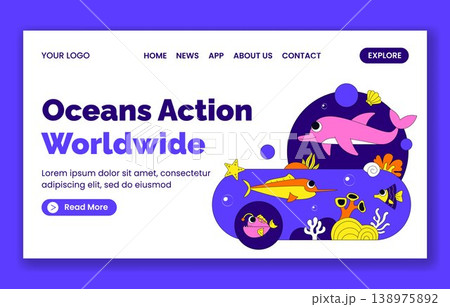 Social Media Landing Page Flat Cartoon Hand Drawn Template World Ocean Day Social Media Landing Page Flat Cartoon Hand Drawn Template World Ocean Day 138975892