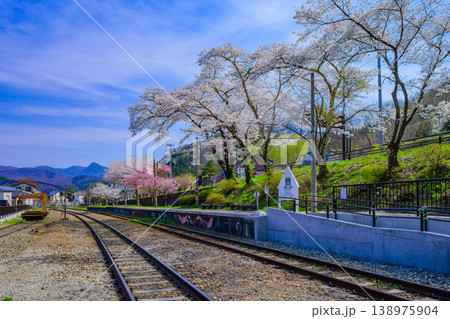 会津鉄道・湯野上温泉駅の駅名看板と満開の桜 伝統的な茅葺き駅舎の春 138975904