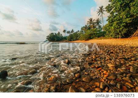Golden Sunset Over a Tropical Rocky Beach with Palm Trees and Crashing Waves 138976073