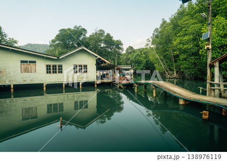 Traditional wooden boats and stilt houses along a calm canal surrounded by lush green mangrove forest. 138976119